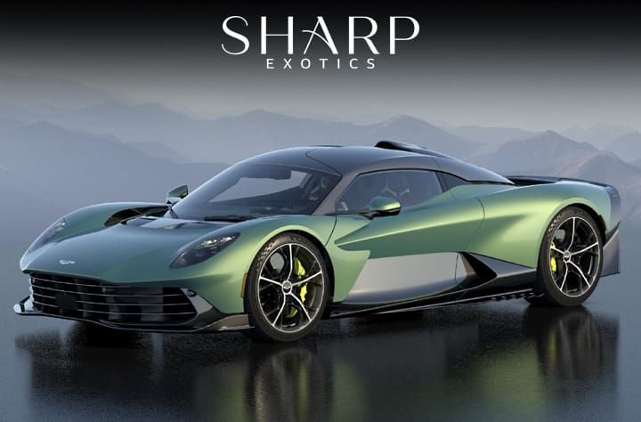 Green sports car with sleek design and black accents, parked on a reflective surface. "Sharp Exotics" logo above the car.