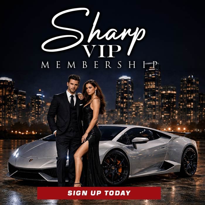 Man and woman in formal attire stand by a silver sports car with a city skyline at night. Text reads "Sharp VIP Membership. Sign up today.