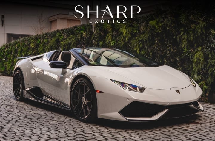 White convertible sports car parked on a cobblestone driveway with greenery in the background, "Sharp Exotics" logo above.