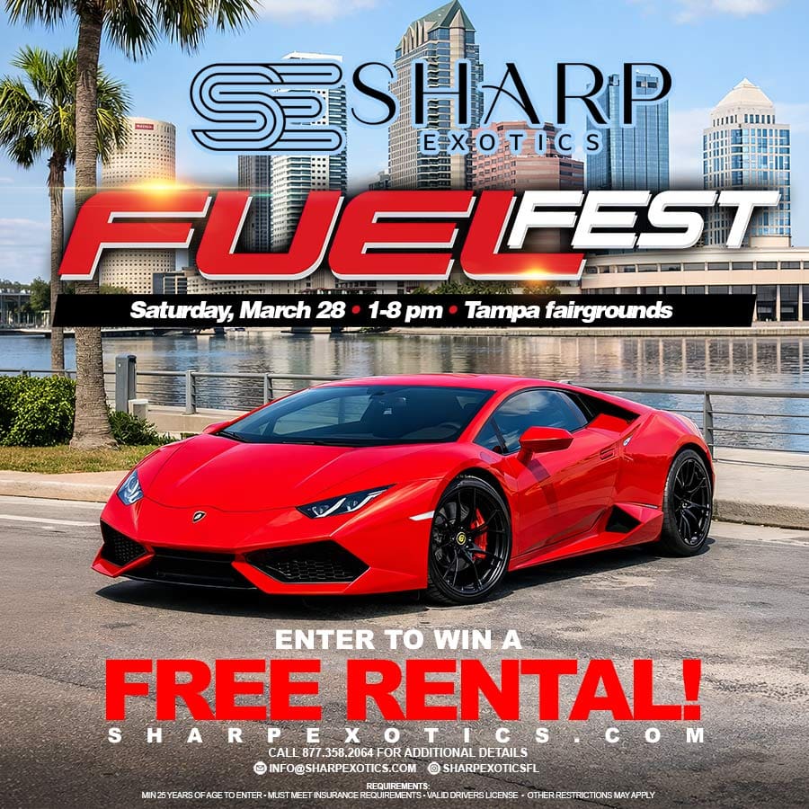 Red sports car in front of a city skyline promoting FuelFest on March 28, 1-8 pm at Tampa Fairgrounds, with a free rental contest.
