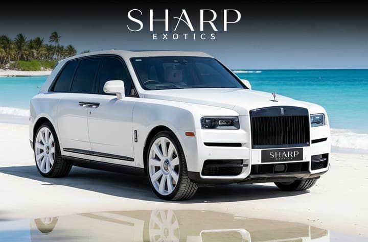 White luxury SUV parked on a beach with palm trees and ocean in the background, featuring the logo "Sharp Exotics" above.