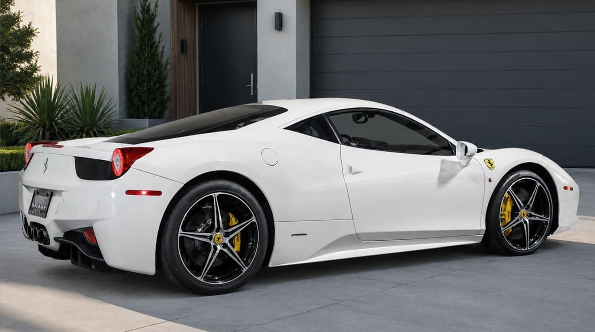White sports car parked in front of a modern house with a gray garage door and plants nearby.