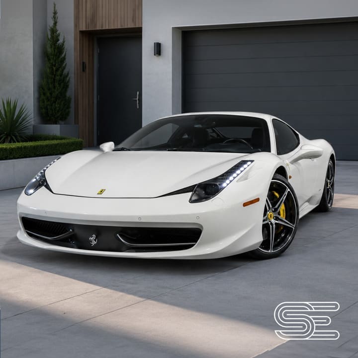 White sports car parked in front of a modern house with a garage and greenery.