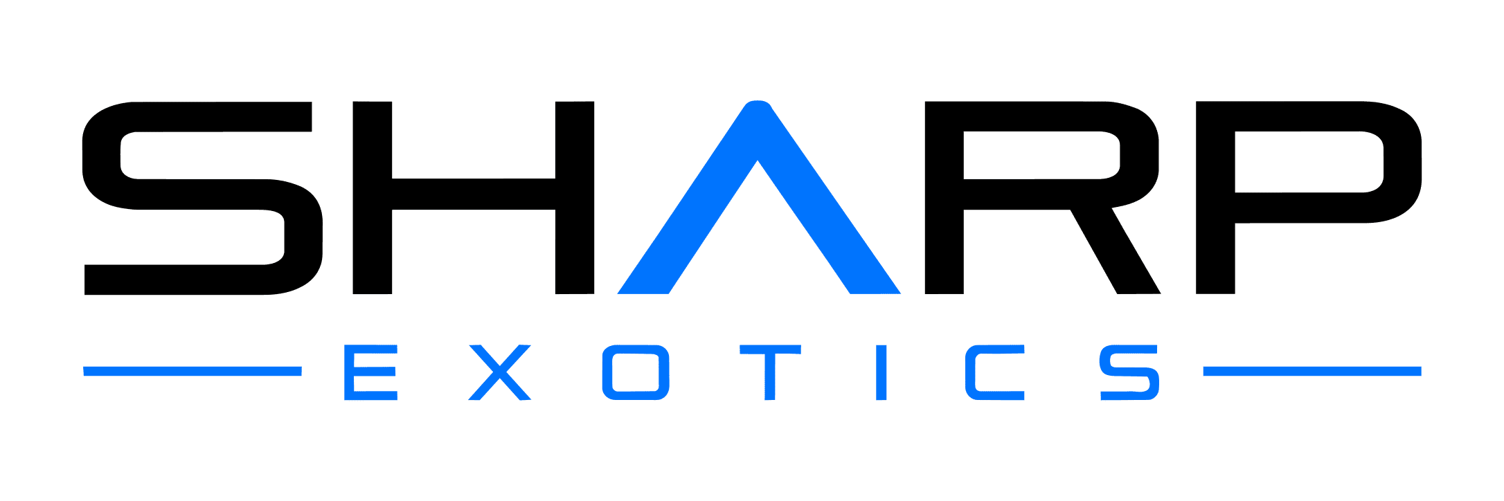 Blue stylized letter "A" above the word "EXOTICS" in blue, with horizontal lines extending from each side.