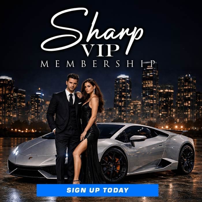 Couple in formal attire stands by a silver sports car at night, city skyline in background. Text reads "Sharp VIP Membership" and "Sign Up Today".