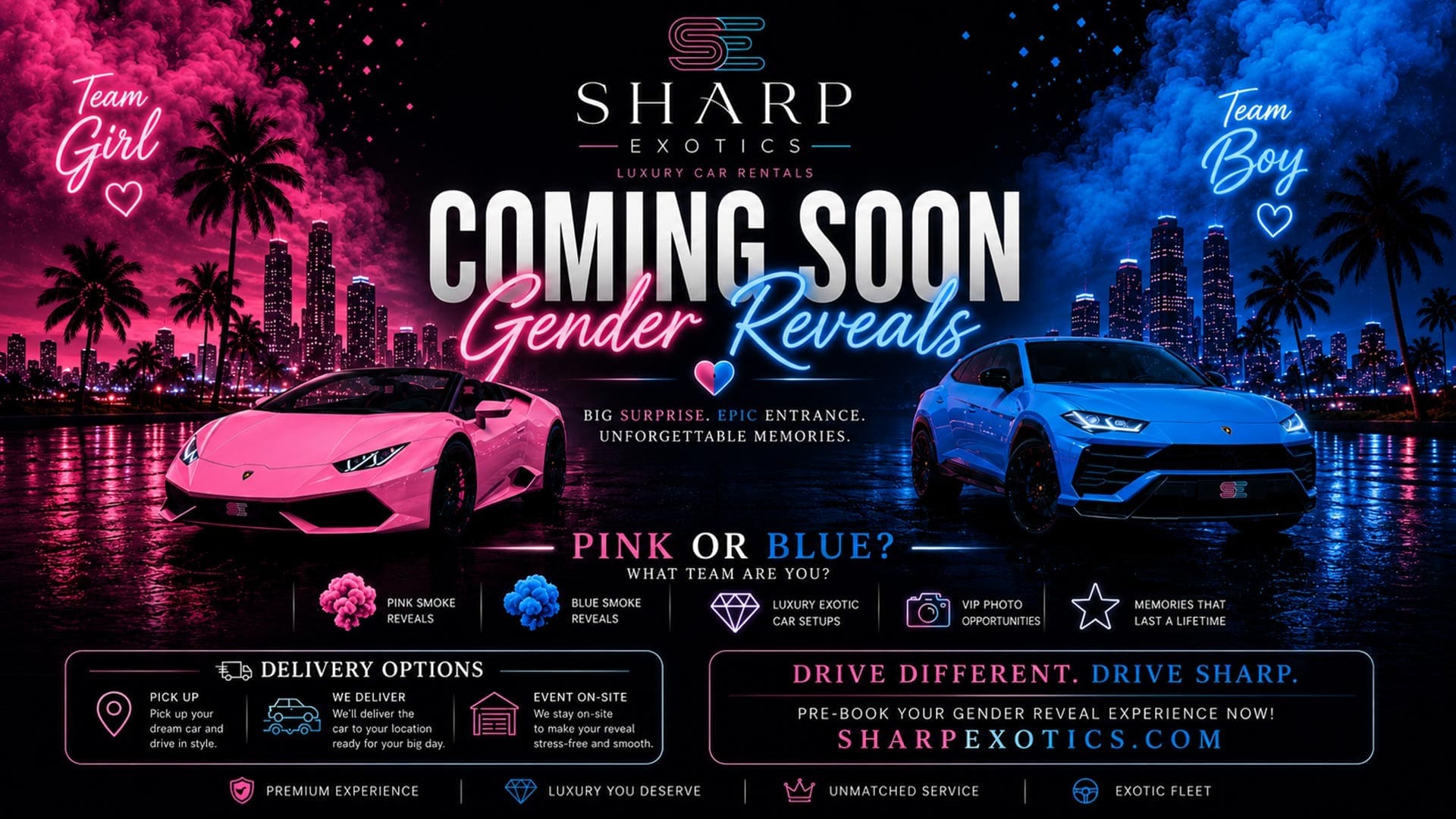 Promotional poster for Sharp Exotics luxury car rentals featuring pink and blue cars for gender reveal events, with city skyline.