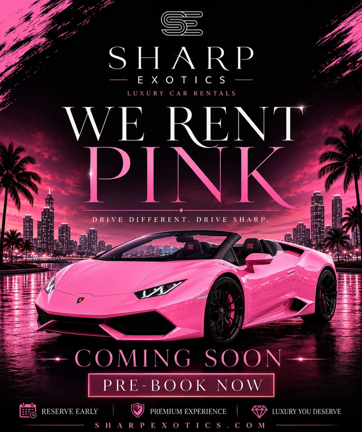 Pink convertible sports car with city skyline and palm trees in the background, promoting Sharp Exotics luxury car rentals.